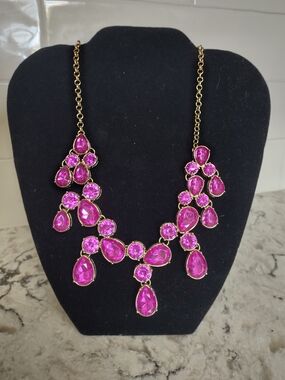 Vibrant Fuchsia Pink & Gold Statement Necklace | Teardrop Gemstone Cluster |